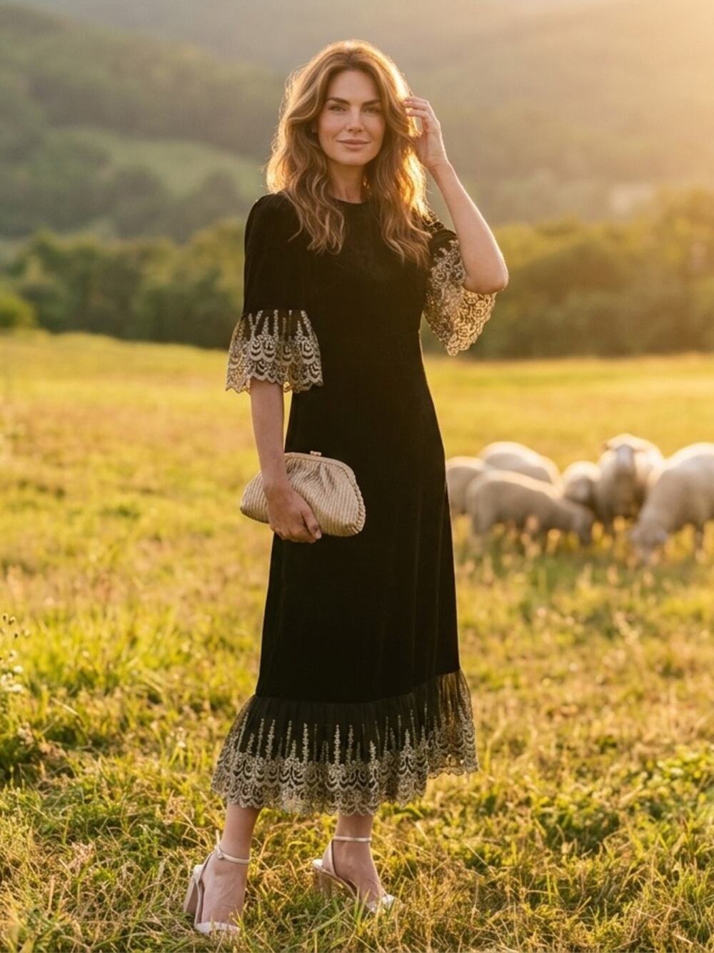 Tuckernuck Pomander Place Black Velvet Lillith Dress Medium Gold Lace NWT Party